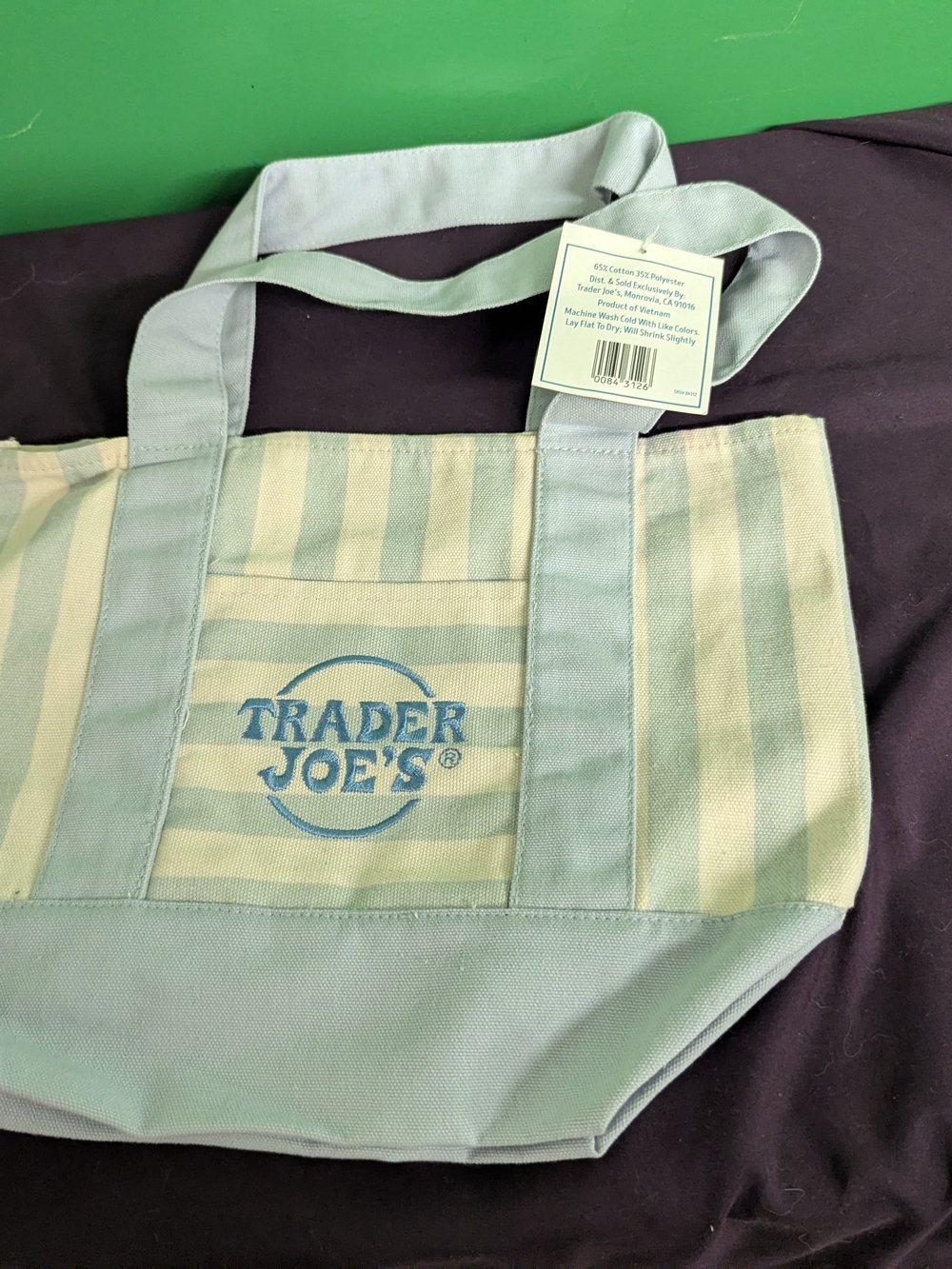 Trader Joes Light Blue & Cream Striped Mini Canvas Tote